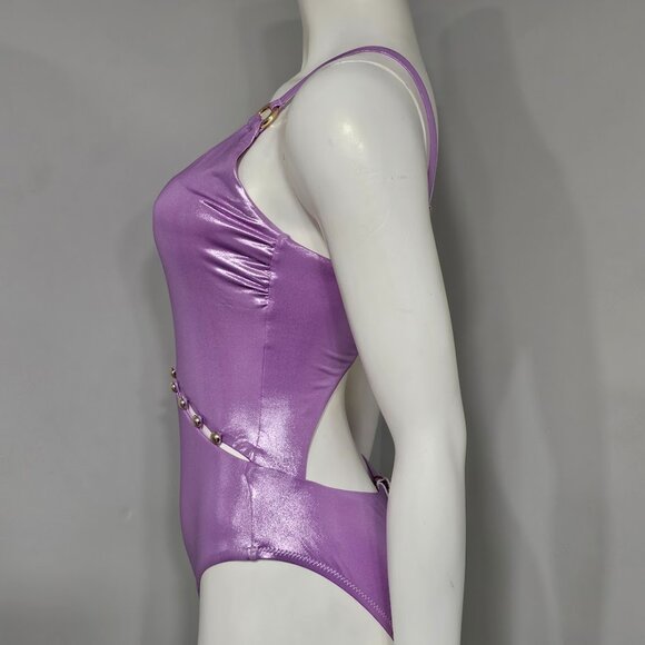 Red Carter Shimmer Asymmetric-Button One-Piece Swimsuit - Picture 3 of 10